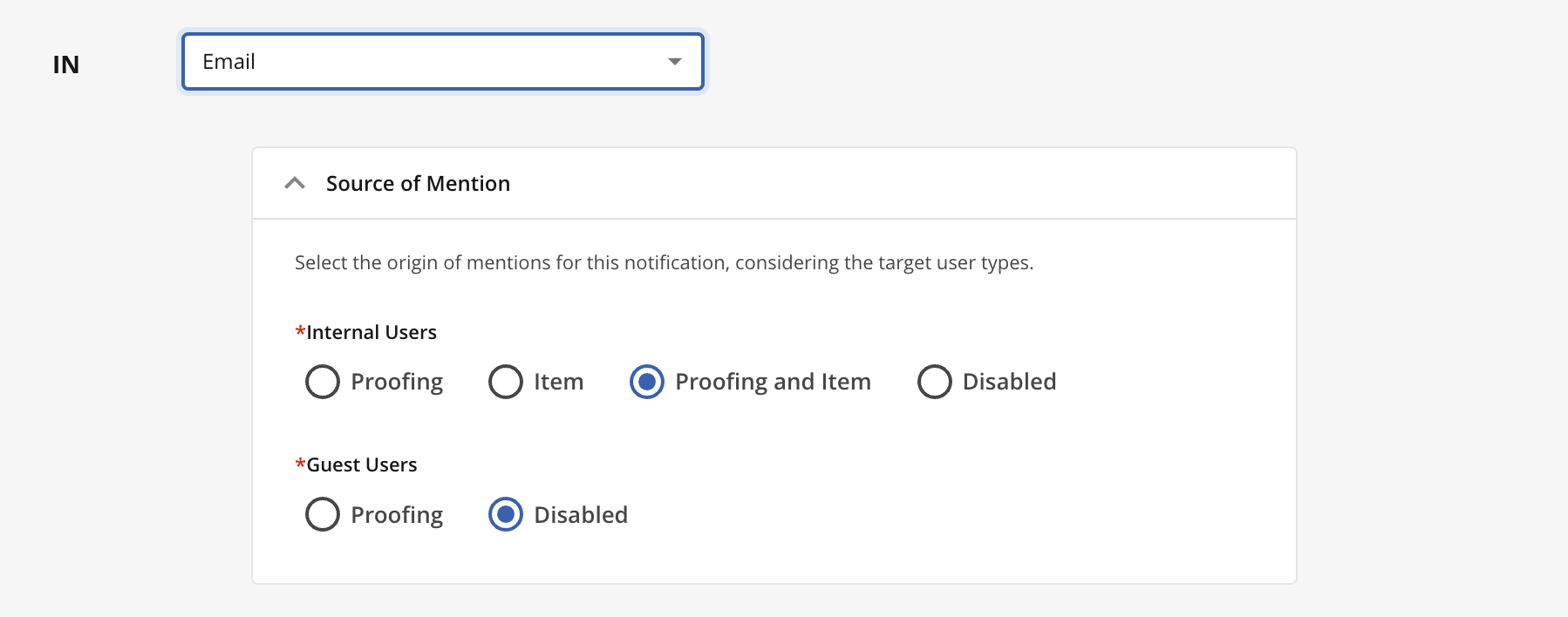 Options for selecting source of mention for internal and guest users in notifications.
